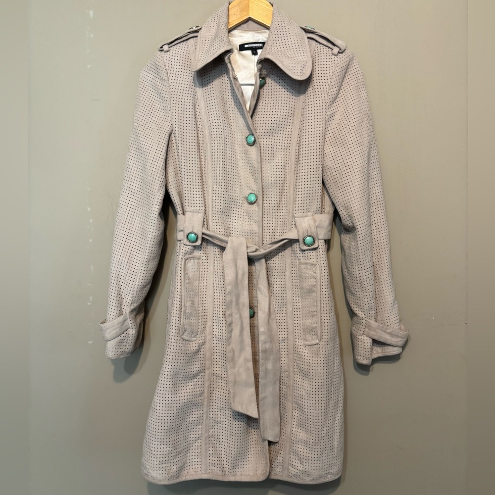 ATTITUDE by Jay Manuel Belted Trench Coat Perforated Design Tiffany Blue Buttons
